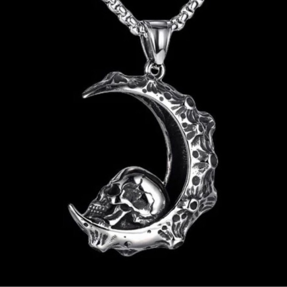 “Skull on the Moon” Regolith Lunar Crater Crescent Celestial Goth Steel Necklace - Picture 2 of 16